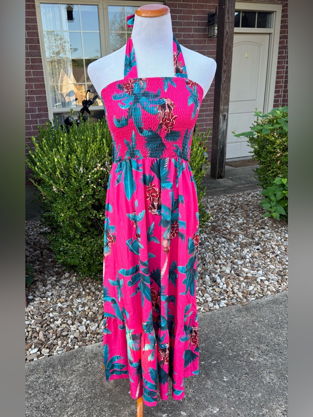 SHEIN Hot Pink Tropical Halter Maxi Dress